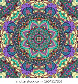Seamless tracery tile mehndi design. Ethnic ornament, colorful doodle symmetry texture. Folk traditional spiritual tribal design. Curved doodling motif. Color art. Vector