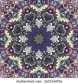 Seamless tracery tile mehndi design. Ethnic ornament, colorful doodle symmetry texture. Folk traditional spiritual tribal design. Curved doodling motif. Color art. Vector