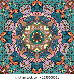 Seamless tracery tile mehndi design. Ethnic ornament, colorful doodle symmetry texture. Folk traditional spiritual tribal design. Curved doodling motif. Color art. Vector