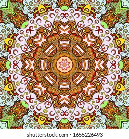 Seamless tracery tile mehndi design. Ethnic ornament, colorful doodle symmetry texture. Folk traditional spiritual tribal design. Curved doodling motif. Color art. Vector