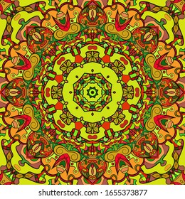 Seamless tracery tile mehndi design. Ethnic ornament, colorful doodle symmetry texture. Folk traditional spiritual tribal design. Curved doodling motif. Color art. Vector
