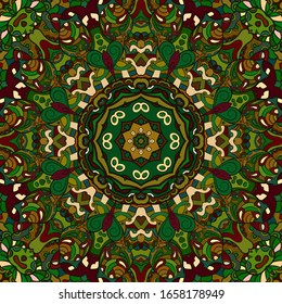 Seamless tracery tile mehndi design. Ethnic ornament, colorful doodle symmetry texture. Folk traditional spiritual tribal design. Curved doodling motif. Color art. Vector