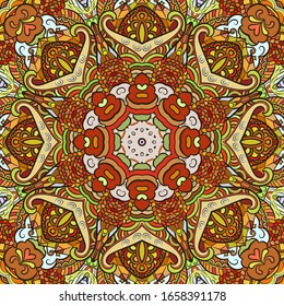 Seamless tracery tile mehndi design. Ethnic ornament, colorful doodle symmetry texture. Folk traditional spiritual tribal design. Curved doodling motif. Color art. Vector