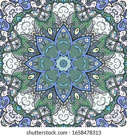 Seamless tracery tile mehndi design. Ethnic ornament, colorful doodle symmetry texture. Folk traditional spiritual tribal design. Curved doodling motif. Color art. Vector
