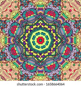 Seamless tracery tile mehndi design. Ethnic ornament, colorful doodle symmetry texture. Folk traditional spiritual tribal design. Curved doodling motif. Color art. Vector
