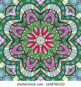 Seamless tracery tile mehndi design. Ethnic ornament, colorful doodle symmetry texture. Folk traditional spiritual tribal design. Curved doodling motif. Color art. Vector