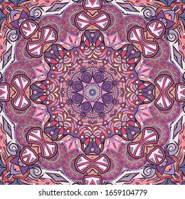 Seamless tracery tile mehndi design. Ethnic ornament, colorful doodle symmetry texture. Folk traditional spiritual tribal design. Curved doodling motif. Color art. Vector