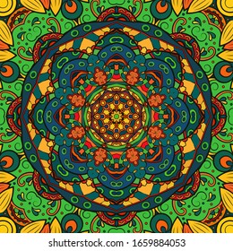 Seamless tracery tile mehndi design. Ethnic ornament, colorful doodle symmetry texture. Folk traditional spiritual tribal design. Curved doodling motif. Color art. Vector