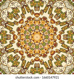 Seamless tracery tile mehndi design. Ethnic ornament, colorful doodle symmetry texture. Folk traditional spiritual tribal design. Curved doodling motif. Color art. Vector