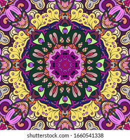 Seamless tracery tile mehndi design. Ethnic ornament, colorful doodle symmetry texture. Folk traditional spiritual tribal design. Curved doodling motif. Color art. Vector