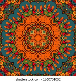 Seamless tracery tile mehndi design. Ethnic ornament, colorful doodle symmetry texture. Folk traditional spiritual tribal design. Curved doodling motif. Color art. Vector
