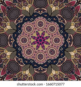 Seamless tracery tile mehndi design. Ethnic ornament, colorful doodle symmetry texture. Folk traditional spiritual tribal design. Curved doodling motif. Color art. Vector