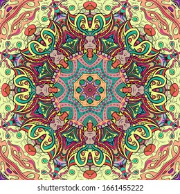 Seamless tracery tile mehndi design. Ethnic ornament, colorful doodle symmetry texture. Folk traditional spiritual tribal design. Curved doodling motif. Color art. Vector