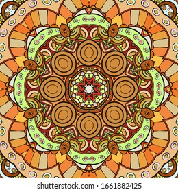 Seamless tracery tile mehndi design. Ethnic ornament, colorful doodle symmetry texture. Folk traditional spiritual tribal design. Curved doodling motif. Color art. Vector