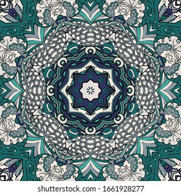 Seamless tracery tile mehndi design. Ethnic ornament, colorful doodle symmetry texture. Folk traditional spiritual tribal design. Curved doodling motif. Color art. Vector