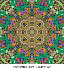 Seamless tracery tile mehndi design. Ethnic ornament, colorful doodle symmetry texture. Folk traditional spiritual tribal design. Curved doodling motif. Color art. Vector