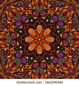 Seamless tracery tile mehndi design. Ethnic ornament, colorful doodle symmetry texture. Folk traditional spiritual tribal design. Curved doodling motif. Color art. Vector