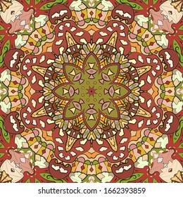 Seamless tracery tile mehndi design. Ethnic ornament, colorful doodle symmetry texture. Folk traditional spiritual tribal design. Curved doodling motif. Color art. Vector
