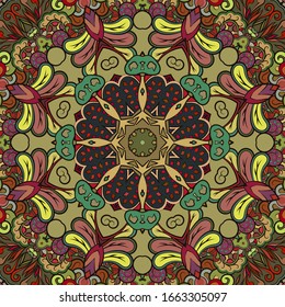 Seamless tracery tile mehndi design. Ethnic ornament, colorful doodle symmetry texture. Folk traditional spiritual tribal design. Curved doodling motif. Color art. Vector