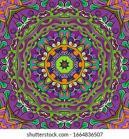 Seamless tracery tile mehndi design. Ethnic ornament, colorful doodle symmetry texture. Folk traditional spiritual tribal design. Curved doodling motif. Color art. Vector