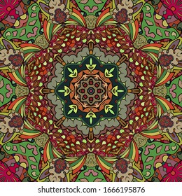 Seamless tracery tile mehndi design. Ethnic ornament, colorful doodle symmetry texture. Folk traditional spiritual tribal design. Curved doodling motif. Color art. Vector