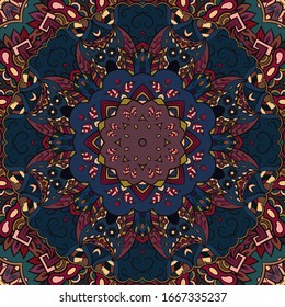 Seamless tracery tile mehndi design. Ethnic ornament, colorful doodle symmetry texture. Folk traditional spiritual tribal design. Curved doodling motif. Color art. Vector