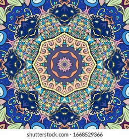 Seamless tracery tile mehndi design. Ethnic ornament, colorful doodle symmetry texture. Folk traditional spiritual tribal design. Curved doodling motif. Color art. Vector