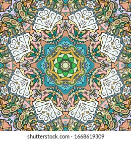 Seamless tracery tile mehndi design. Ethnic ornament, colorful doodle symmetry texture. Folk traditional spiritual tribal design. Curved doodling motif. Color art. Vector