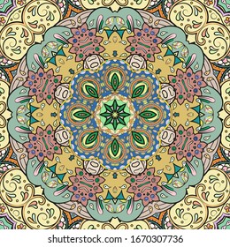 Seamless tracery tile mehndi design. Ethnic ornament, colorful doodle symmetry texture. Folk traditional spiritual tribal design. Curved doodling motif. Color art. Vector