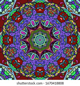 Seamless tracery tile mehndi design. Ethnic ornament, colorful doodle symmetry texture. Folk traditional spiritual tribal design. Curved doodling motif. Color art. Vector