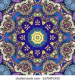 Seamless tracery tile mehndi design. Ethnic ornament, colorful doodle symmetry texture. Folk traditional spiritual tribal design. Curved doodling motif. Color art. Vector