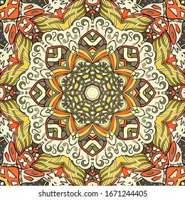 Seamless tracery tile mehndi design. Ethnic ornament, colorful doodle symmetry texture. Folk traditional spiritual tribal design. Curved doodling motif. Color art. Vector