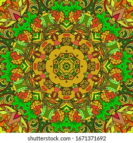 Seamless tracery tile mehndi design. Ethnic ornament, colorful doodle symmetry texture. Folk traditional spiritual tribal design. Curved doodling motif. Color art. Vector