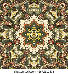Seamless tracery tile mehndi design. Ethnic ornament, colorful doodle symmetry texture. Folk traditional spiritual tribal design. Curved doodling motif. Color art. Vector