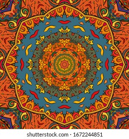Seamless tracery tile mehndi design. Ethnic ornament, colorful doodle symmetry texture. Folk traditional spiritual tribal design. Curved doodling motif. Color art. Vector