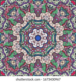 Seamless tracery tile mehndi design. Ethnic ornament, colorful doodle symmetry texture. Folk traditional spiritual tribal design. Curved doodling motif. Color art. Vector