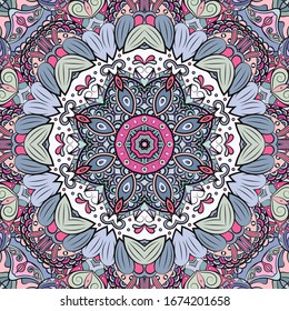 Seamless tracery tile mehndi design. Ethnic ornament, colorful doodle symmetry texture. Folk traditional spiritual tribal design. Curved doodling motif. Color art. Vector