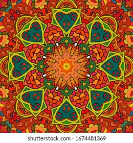 Seamless tracery tile mehndi design. Ethnic ornament, colorful doodle symmetry texture. Folk traditional spiritual tribal design. Curved doodling motif. Color art. Vector