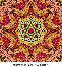 Seamless tracery tile mehndi design. Ethnic ornament, colorful doodle symmetry texture. Folk traditional spiritual tribal design. Curved doodling motif. Color art. Vector