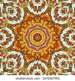 Seamless tracery tile mehndi design. Ethnic ornament, colorful doodle symmetry texture. Folk traditional spiritual tribal design. Curved doodling motif. Color art. Vector