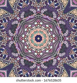 Seamless tracery tile mehndi design. Ethnic ornament, colorful doodle symmetry texture. Folk traditional spiritual tribal design. Curved doodling motif. Color art. Vector