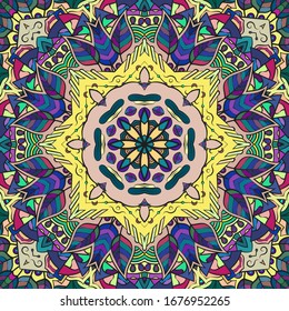 Seamless tracery tile mehndi design. Ethnic ornament, colorful doodle symmetry texture. Folk traditional spiritual tribal design. Curved doodling motif. Color art. Vector