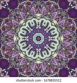 Seamless tracery tile mehndi design. Ethnic ornament, colorful doodle symmetry texture. Folk traditional spiritual tribal design. Curved doodling motif. Color art. Vector