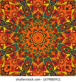 Seamless tracery tile mehndi design. Ethnic ornament, colorful doodle symmetry texture. Folk traditional spiritual tribal design. Curved doodling motif. Color art. Vector