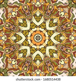 Seamless tracery tile mehndi design. Ethnic ornament, colorful doodle symmetry texture. Folk traditional spiritual tribal design. Curved doodling motif. Color art. Vector