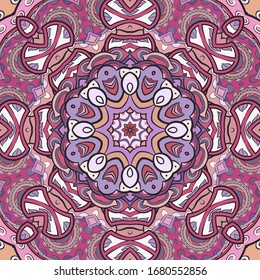 Seamless tracery tile mehndi design. Ethnic ornament, colorful doodle symmetry texture. Folk traditional spiritual tribal design. Curved doodling motif. Color art. Vector