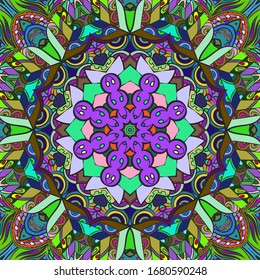 Seamless tracery tile mehndi design. Ethnic ornament, colorful doodle symmetry texture. Folk traditional spiritual tribal design. Curved doodling motif. Color art. Vector