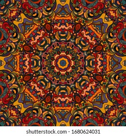 Seamless tracery tile mehndi design. Ethnic ornament, colorful doodle symmetry texture. Folk traditional spiritual tribal design. Curved doodling motif. Color art. Vector