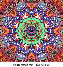 Seamless tracery tile mehndi design. Ethnic ornament, colorful doodle symmetry texture. Folk traditional spiritual tribal design. Curved doodling motif. Color art. Vector
