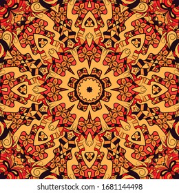 Seamless tracery tile mehndi design. Ethnic ornament, colorful doodle symmetry texture. Folk traditional spiritual tribal design. Curved doodling motif. Color art. Vector